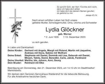 Traueranzeige von Lydia Glöckner von Frankenpost