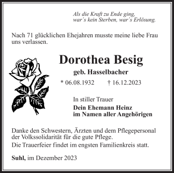 Traueranzeige von Dorothea Besig von Südthüringer Presse