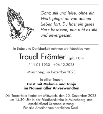 Traueranzeige von Traudl Frömter von Frankenpost