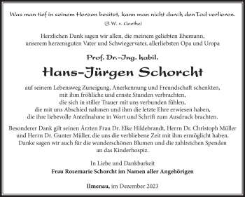 Traueranzeige von Hans-Jürgen Schorcht von Südthüringer Presse