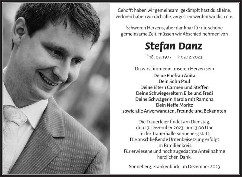  Traueranzeige für Stefan Danz vom 09.12.2023 aus Südthüringer Presse