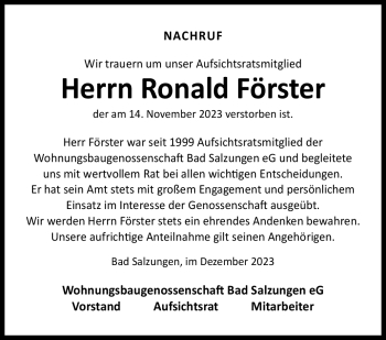 Traueranzeige von Ronald Förster von Südthüringer Presse