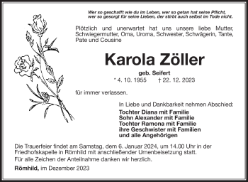 Traueranzeige von Karola Zöller von Südthüringer Presse