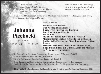Traueranzeige von Johanna Piechocki von Südthüringer Presse