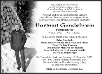 Traueranzeige von Hartmut Gundelwein von Südthüringer Presse