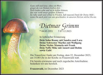 Traueranzeige von Dietmar Grimm von Südthüringer Presse