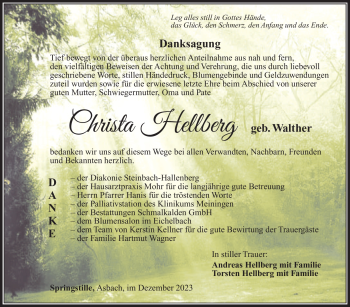 Traueranzeige von Christa Hellberg von Südthüringer Presse