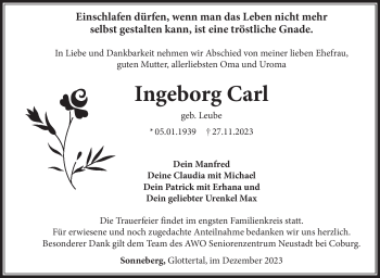 Traueranzeige von Ingeborg Carl von Südthüringer Presse