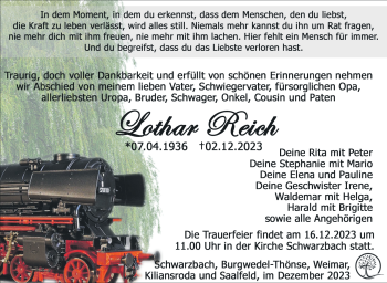 Traueranzeige von Lothar Reich von Südthüringer Presse