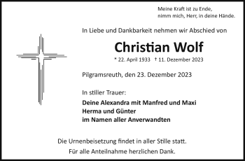 Traueranzeige von Christian Wolf von Frankenpost