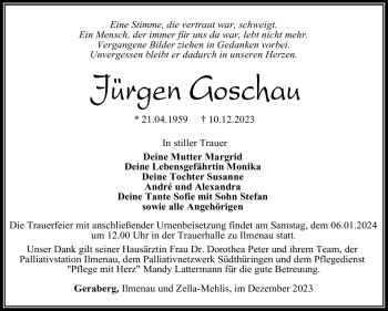 Traueranzeige von Jürgen Goschau von Südthüringer Presse