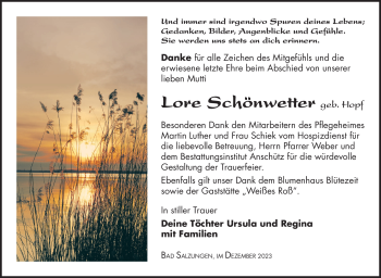 Traueranzeige von Lore Schönwetter von Südthüringer Presse