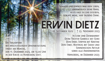 Traueranzeige von Erwin Dietz von Südthüringer Presse