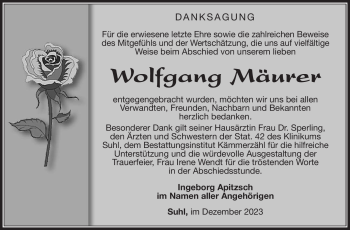 Traueranzeige von Wolfgang Mäurer von Südthüringer Presse