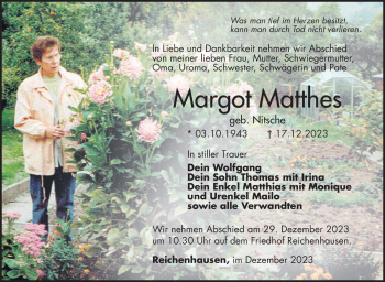 Traueranzeige von Margot Matthes von Südthüringer Presse