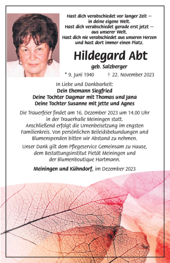 Traueranzeige von Hildegard Abt von Südthüringer Presse