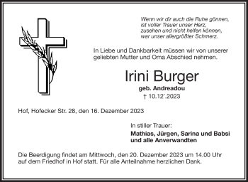 Traueranzeige von Irini Burger von Frankenpost