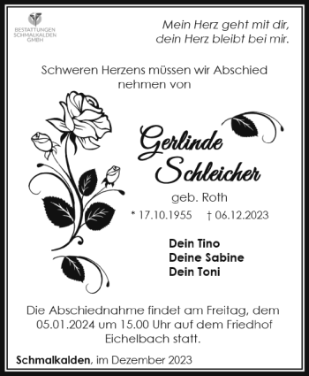 Traueranzeige von Gerlinde Schleicher von Südthüringer Presse