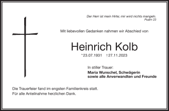 Traueranzeige von Heinrich Kolb von Frankenpost