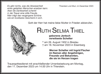 Traueranzeige von Ruth Selma Thiel von Frankenpost
