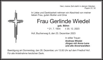 Traueranzeige von Gerlinde Wiedel von Frankenpost
