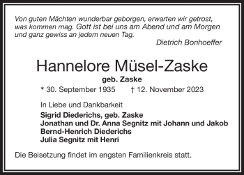 Traueranzeige von Hannelore Müsel-Zaske von Frankenpost