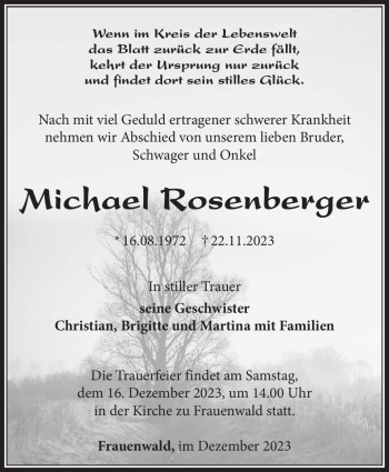 Traueranzeige von Michael Rosenberger von Südthüringer Presse