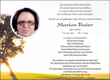 Traueranzeige von Marion Baier von Südthüringer Presse