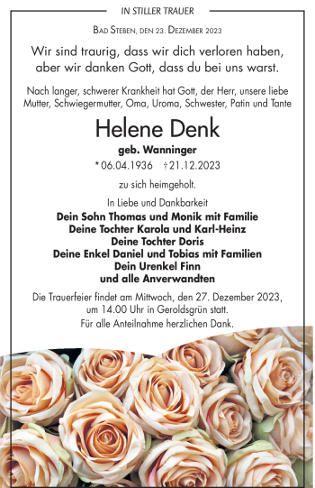 Traueranzeige von Helene Denk von Frankenpost