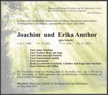 Traueranzeige von ErikaJoachim AmthorAmthor von Südthüringer Presse
