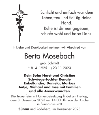 Traueranzeige von Berta Mosebach von Südthüringer Presse