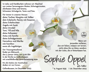 Traueranzeige von Sophie Oppel von Südthüringer Presse
