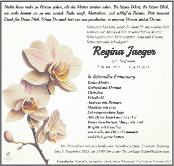 Traueranzeige von Regina Jaeger von Südthüringer Presse