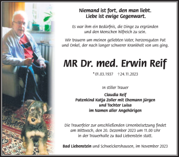Traueranzeige von Erwin Reif von Südthüringer Presse
