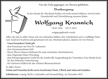 Traueranzeige von Wolfgang Krannich von Südthüringer Presse