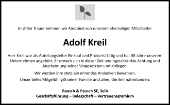 Traueranzeige von Adolf Kreil von Frankenpost