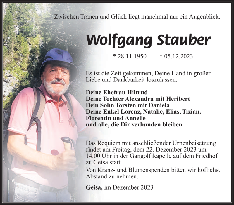  Traueranzeige für Wolfgang Stauber vom 19.12.2023 aus Südthüringer Presse