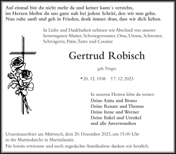 Traueranzeige von Gertrud Robisch von Frankenpost