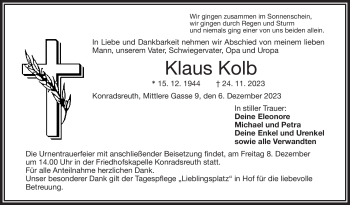 Traueranzeige von Klaus Kolb von Frankenpost