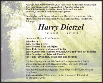 Traueranzeige von Harry Dietzel von Südthüringer Presse