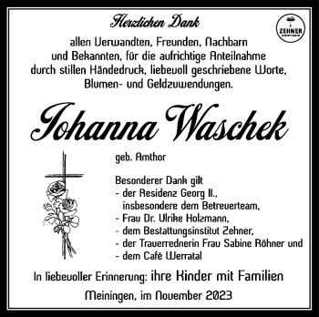 Traueranzeige von Johanna Waschek von Südthüringer Presse