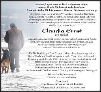 Traueranzeige von Claudia Ernst von Südthüringer Presse
