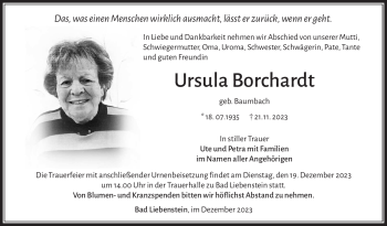 Traueranzeige von Ursula Borchardt von Südthüringer Presse