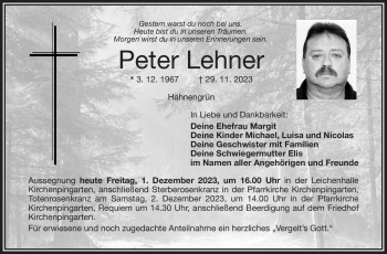Traueranzeige von Peter Lehner von Frankenpost