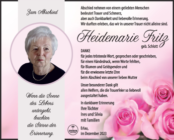 Traueranzeige von Heidemarie Firtz von Südthüringer Presse