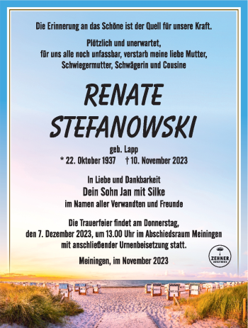 Traueranzeige von Renate Stefanowski von Südthüringer Presse