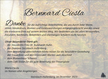Traueranzeige von Bernward Ciesla von Südthüringer Presse
