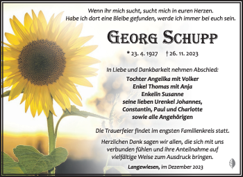 Traueranzeige von Georg Schupp von Südthüringer Presse
