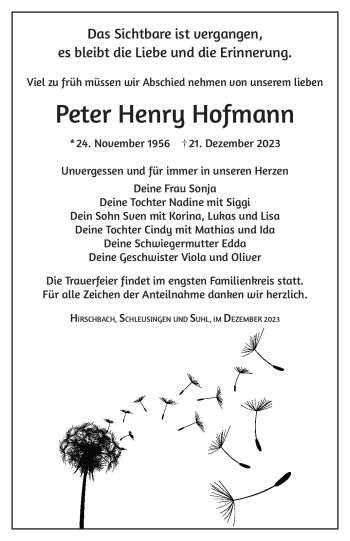 Traueranzeige von Peter Henry Hofmann von Südthüringer Presse