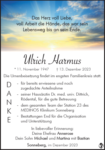 Traueranzeige von Ulrich Harmus von Südthüringer Presse